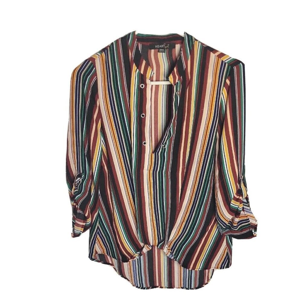 Heart and Soul stripped roll up sleeve V-Neck Top Blouse small Women